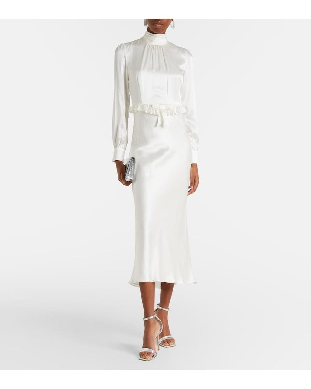 Alessandra Rich White Bow-Detail Ruffled Silk Satin Midi Dress