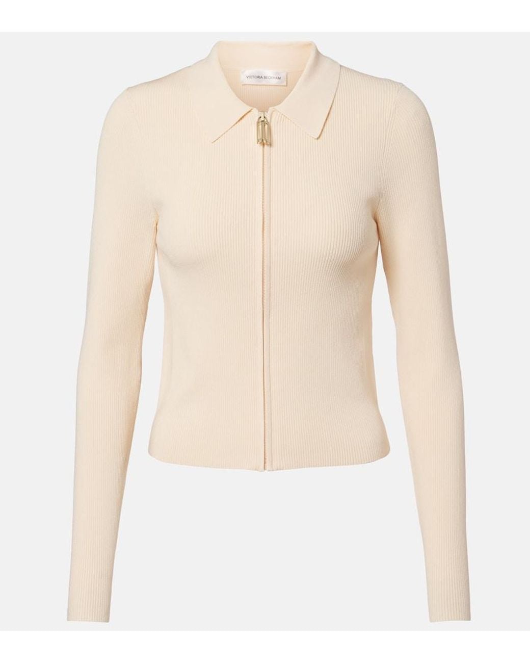 Victoria Beckham Natural Mila Ribbed-Knit Zip-Up Top
