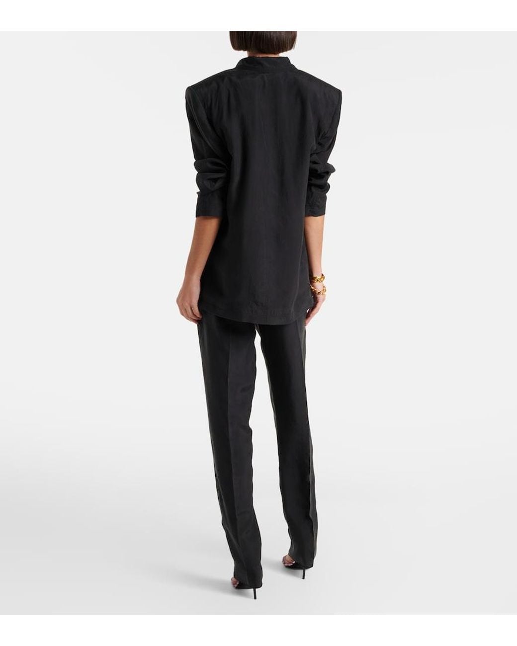 Saint Laurent Black Pleated Silk Straight Pants
