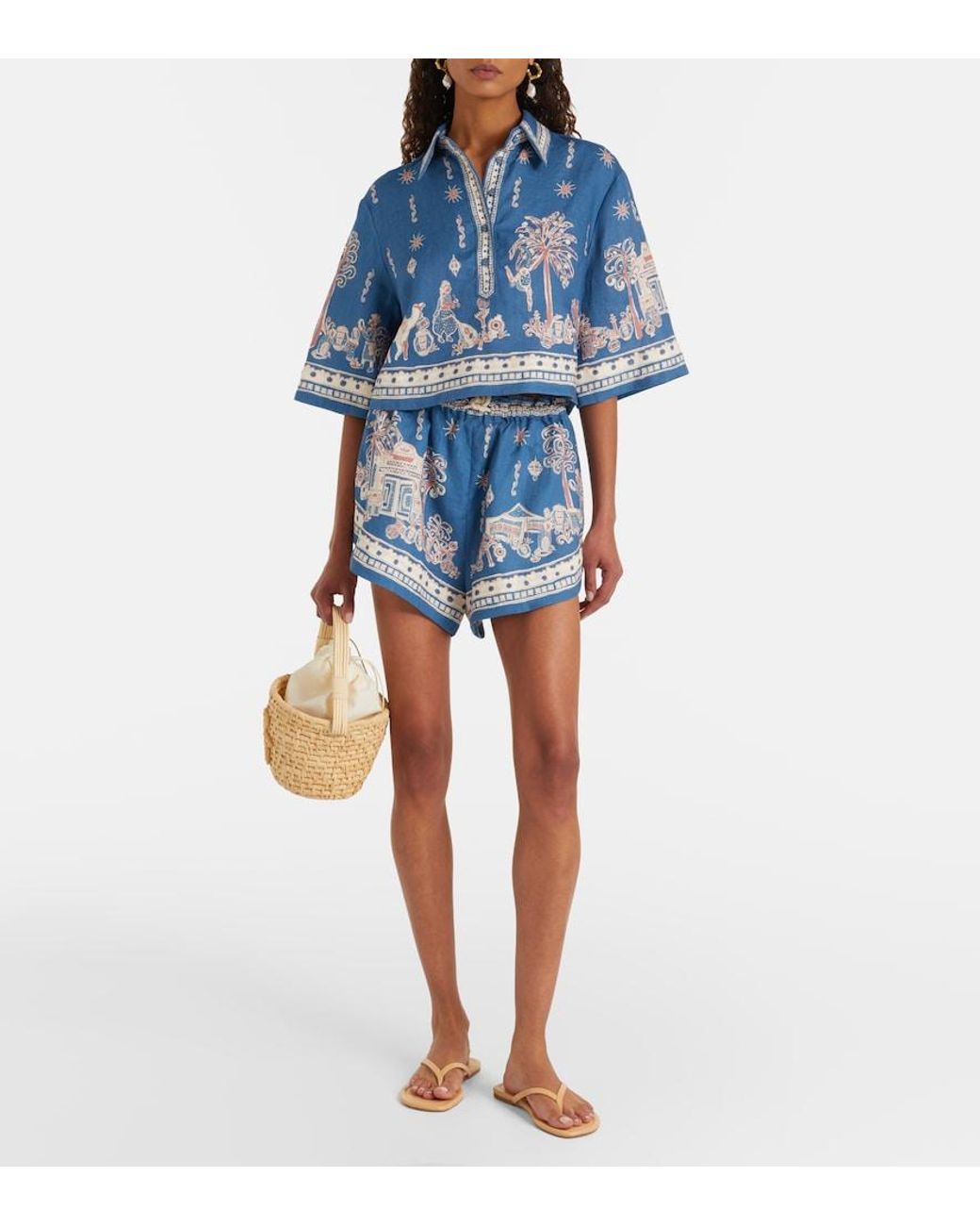 ALÉMAIS Blue Acacia Printed Cropped Linen Shirt