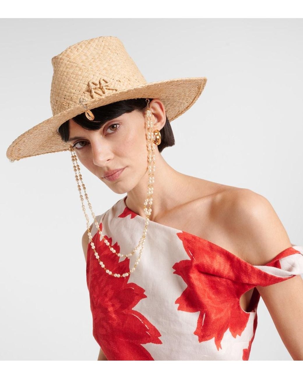 Ruslan Baginskiy White Logo Faux Pearl-Embellished Straw Fedora