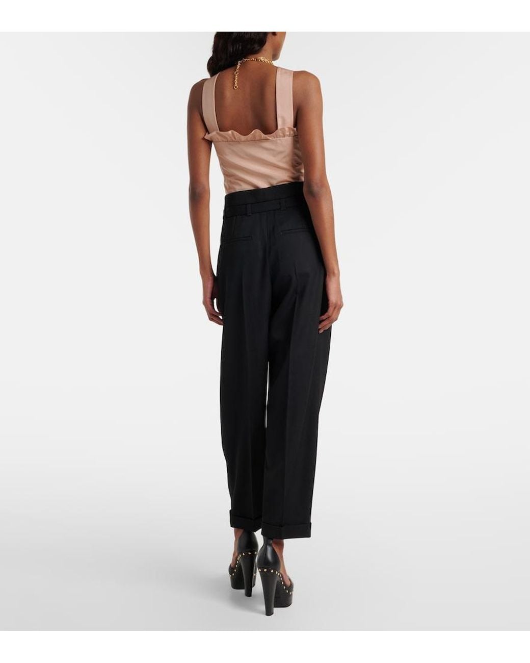 Chloé Black Belted Pleated Virgin Wool Tapered Pants