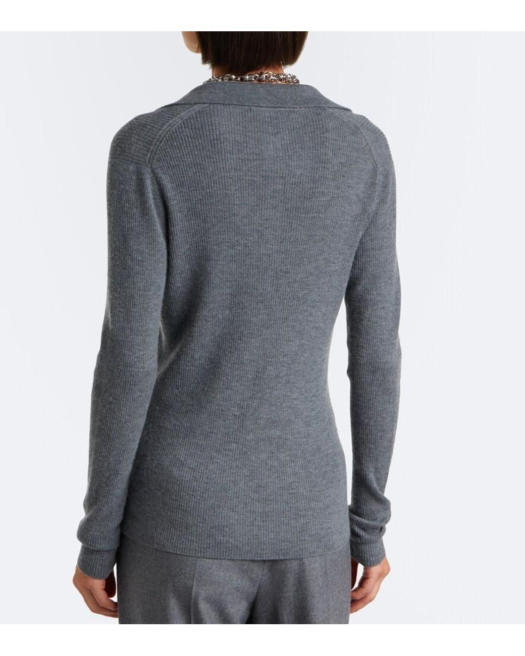 Max Mara Gray Ribbed-Knit Cashmere Polo Sweater