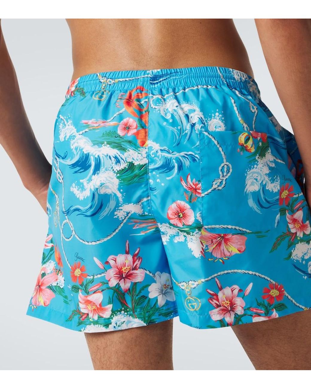Gucci Blue Printed Poplin Swim Trunks for men