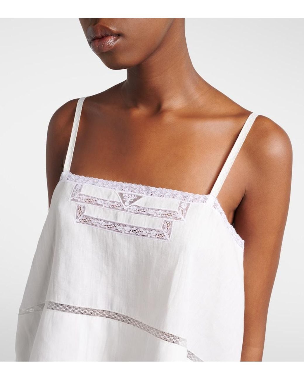 Prada White Lace-Trimmed Linen Top