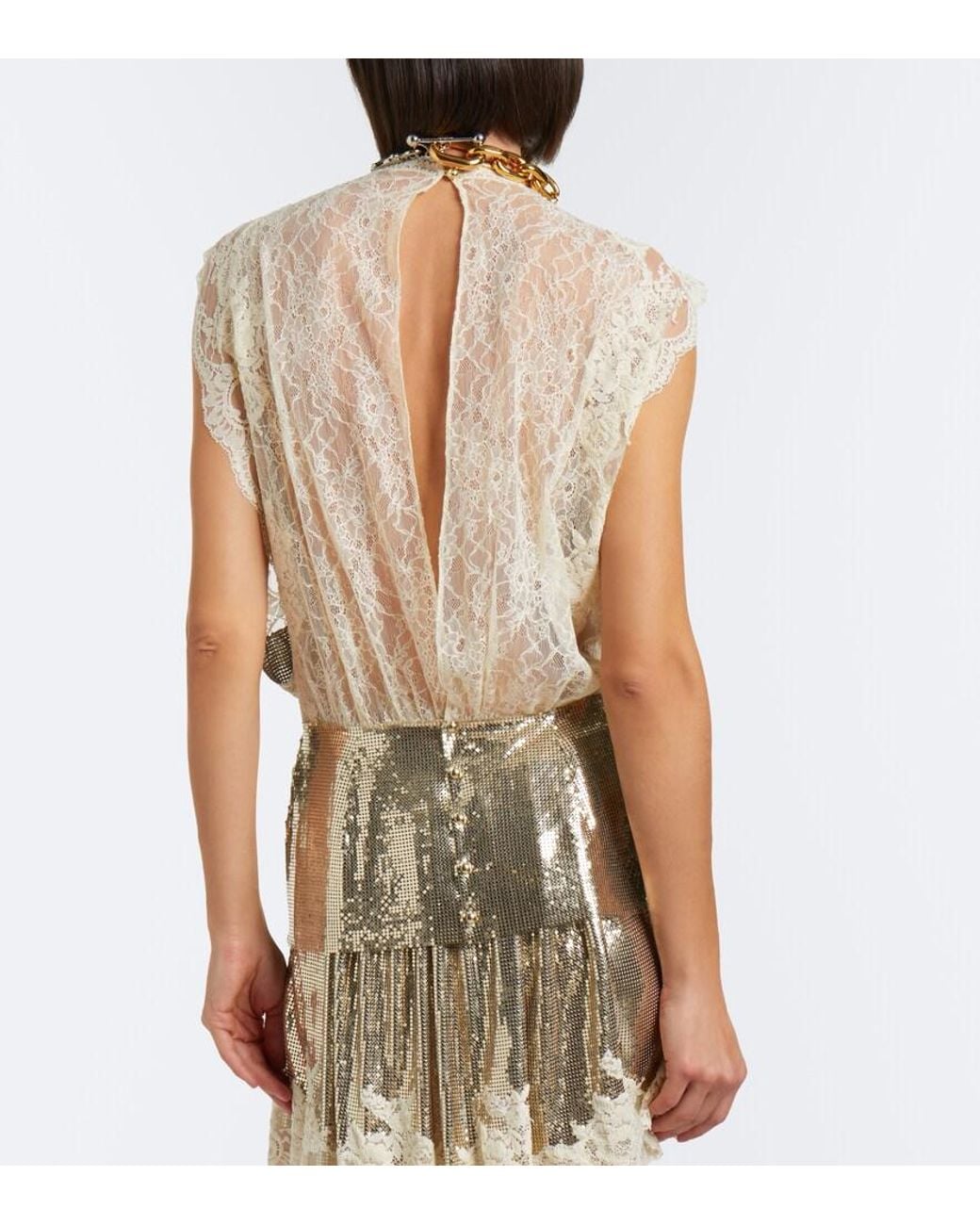 Rabanne White Lace-Trimmed Chainmail Top