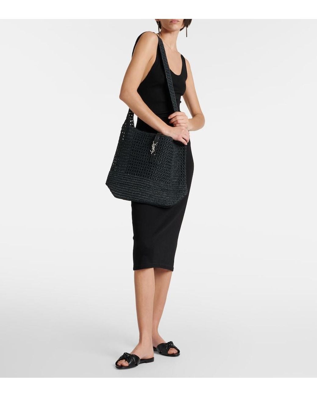 Saint Laurent Black Le 5 A 7 Medium Raffia Shoulder Bag