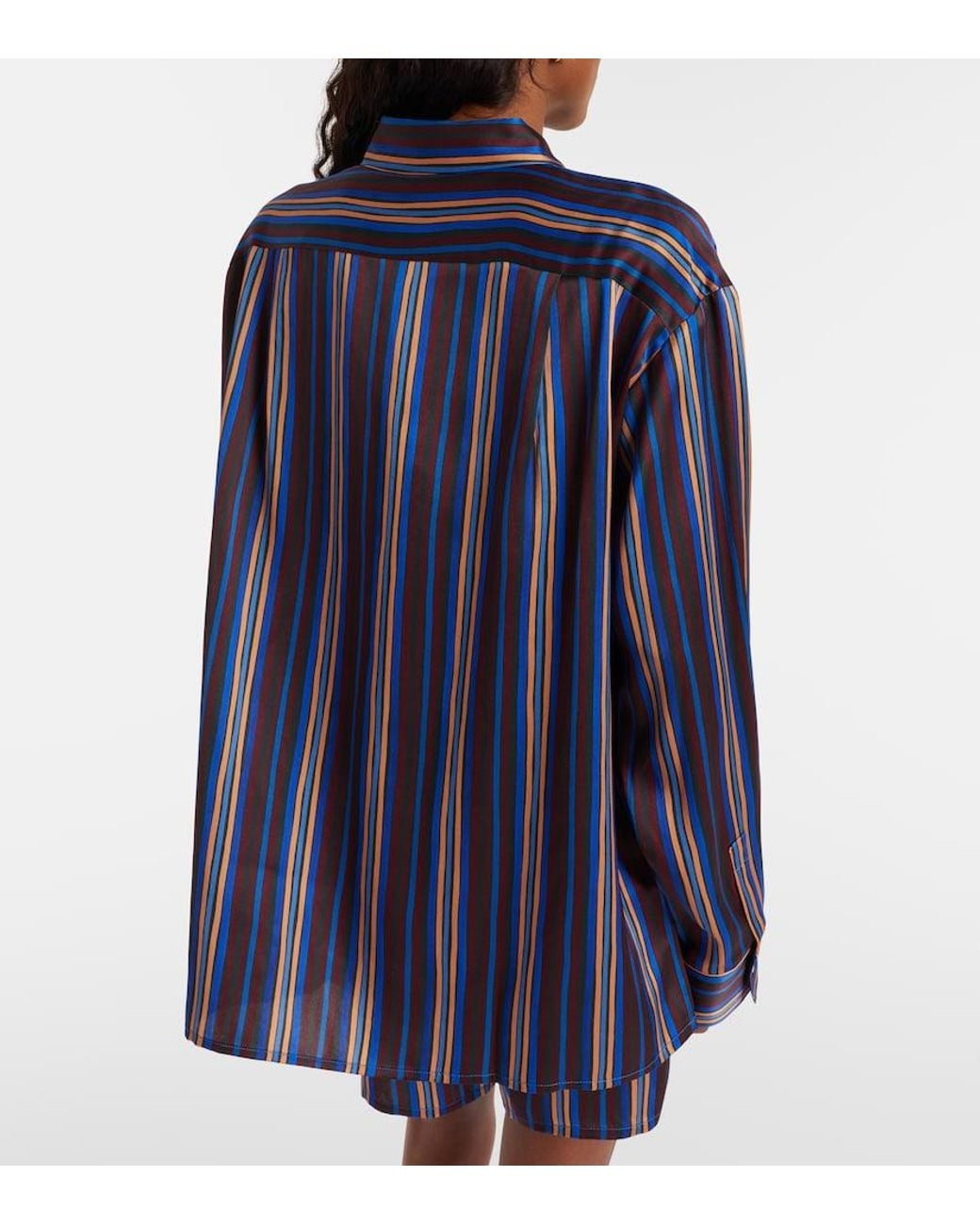 Asceno Blue Maya Striped Silk Charmeuse Pajama Shirt