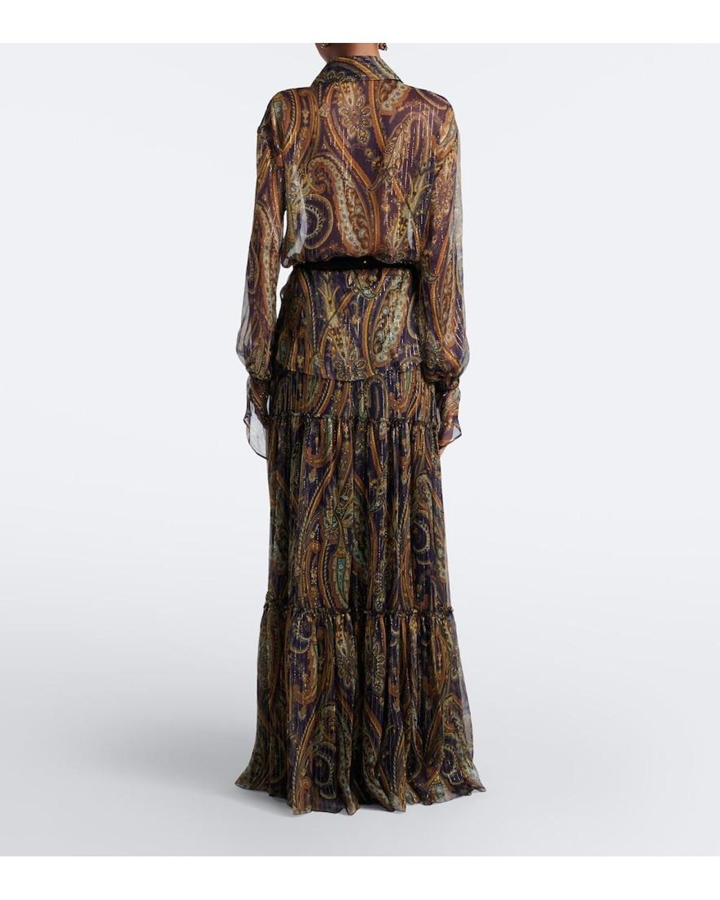 Etro Brown Paisley Tiered Silk-Blend Chiffon Maxi Skirt