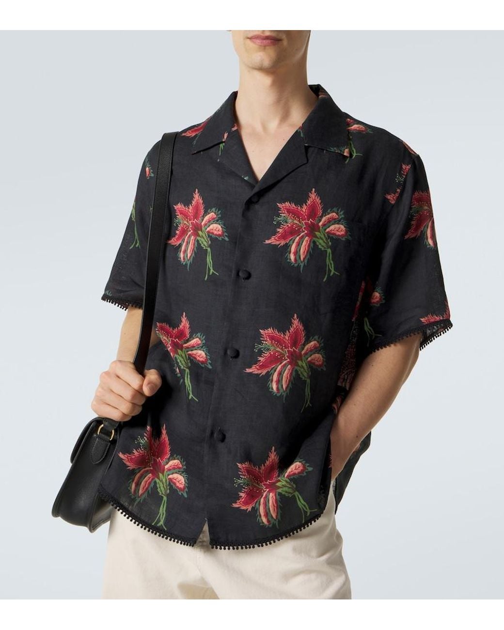 Valentino Garavani Black Floral Lace-Trimmed Linen Bowling Shirt for men