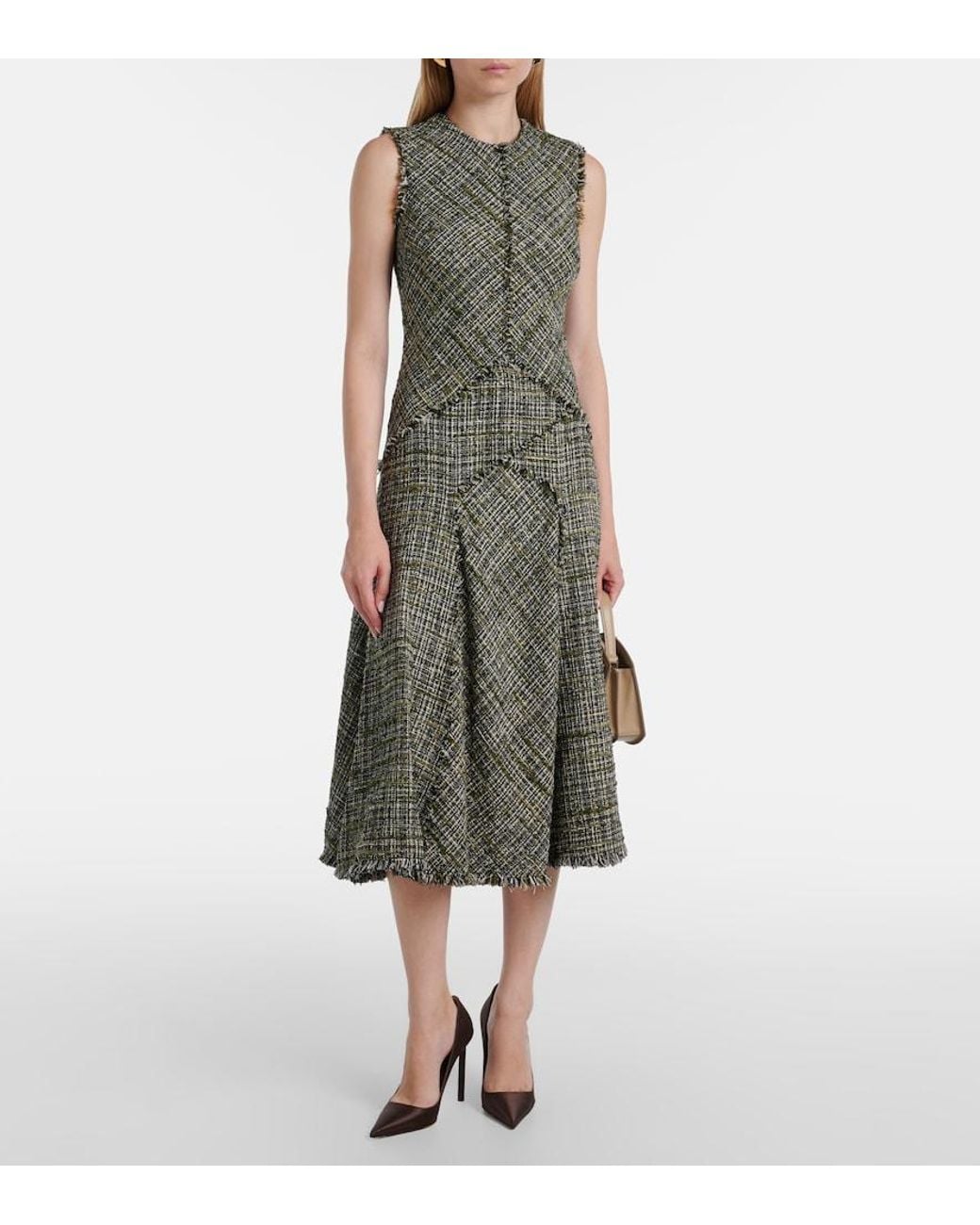 Erdem Green Draped Tweed Midi Dress