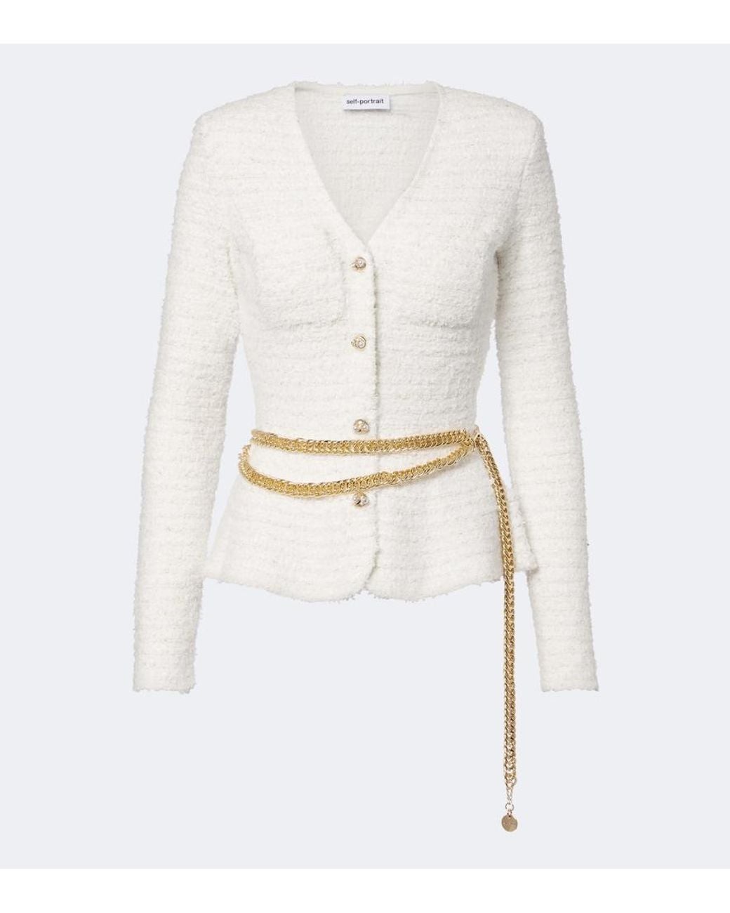 Self-Portrait White Belted Boucle Cardigan