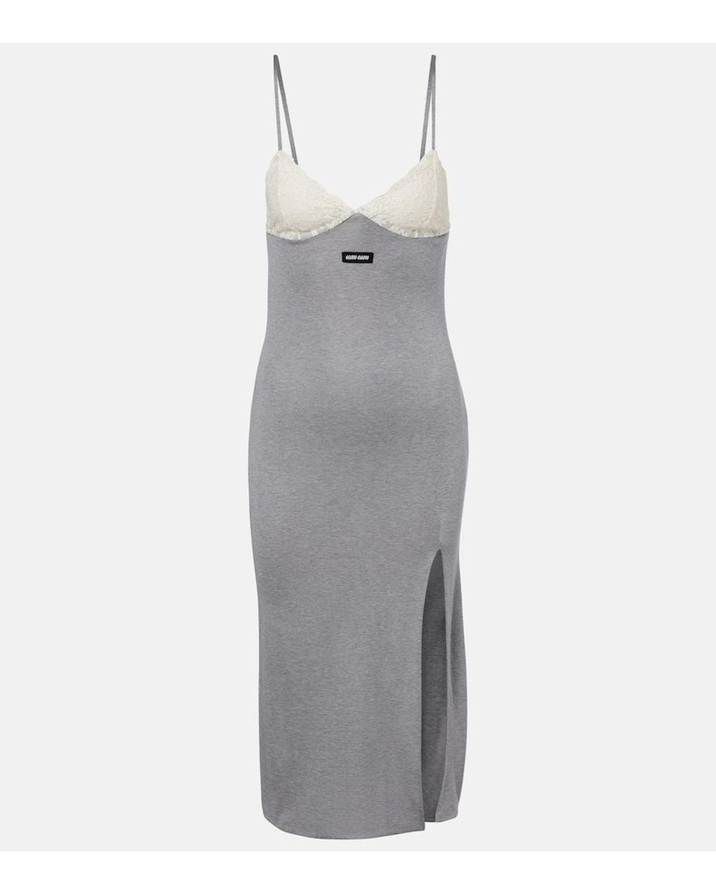 Miu Miu Gray Lace-Trimmed Silk Jersey Midi Dress