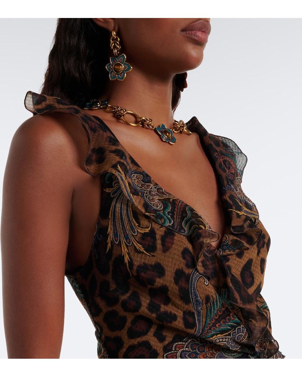 Etro Brown Printed Ruffled Seersucker Gown