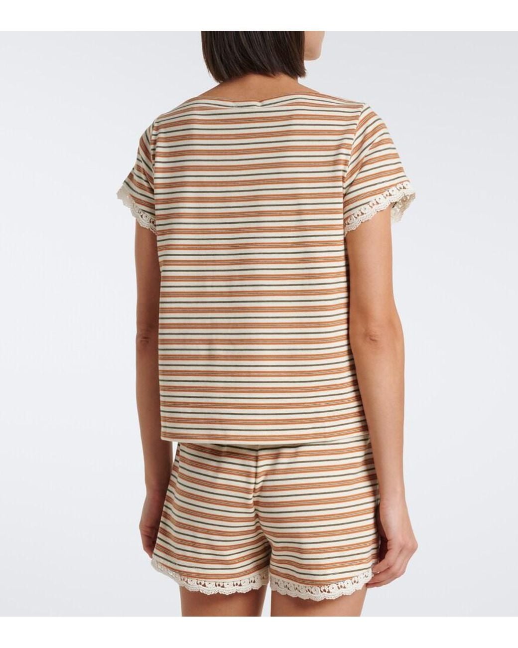 Posse White Maeve Lace-Trimmed Striped Cotton T-Shirt