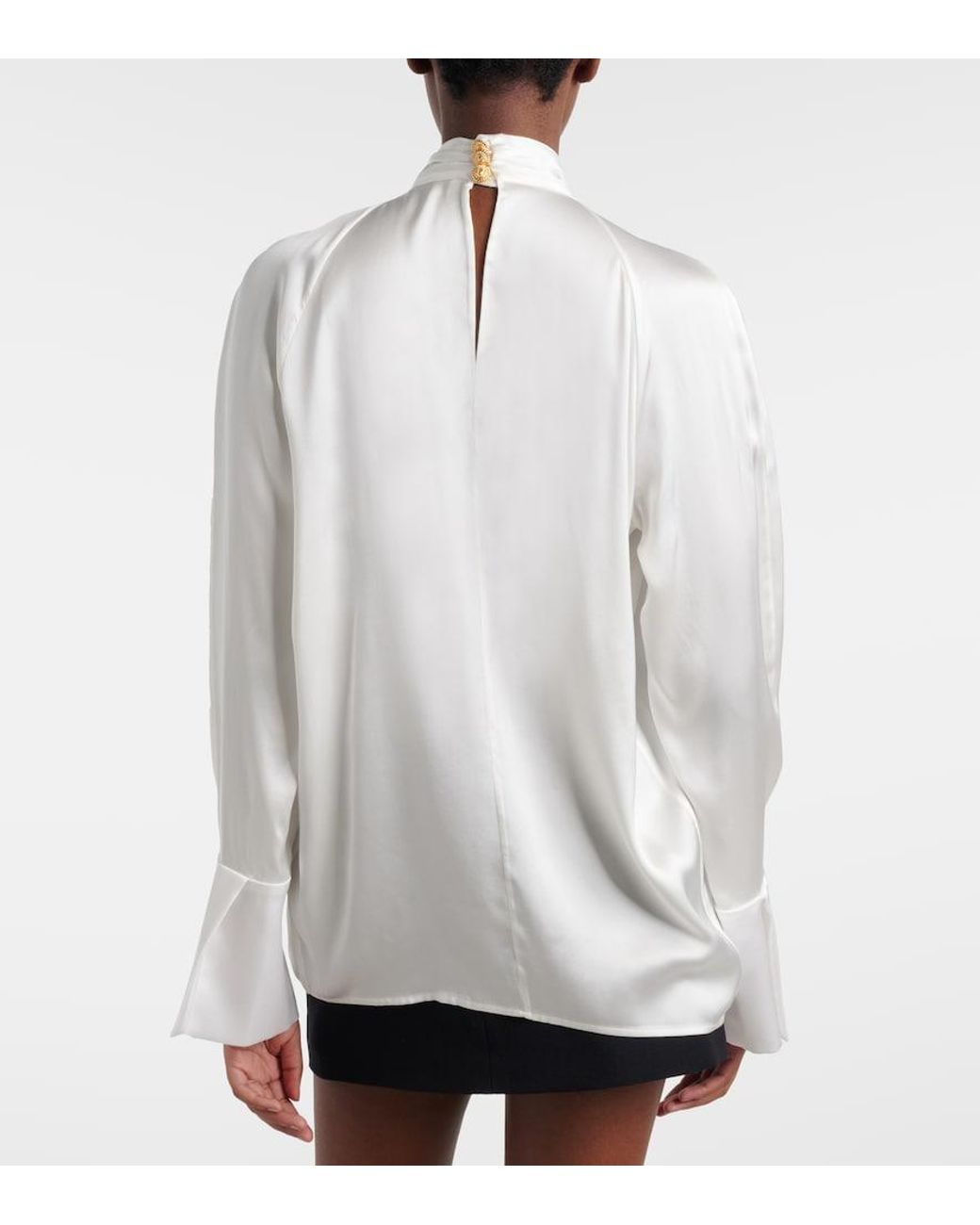 Balmain White Draped Silk Satin Blouse