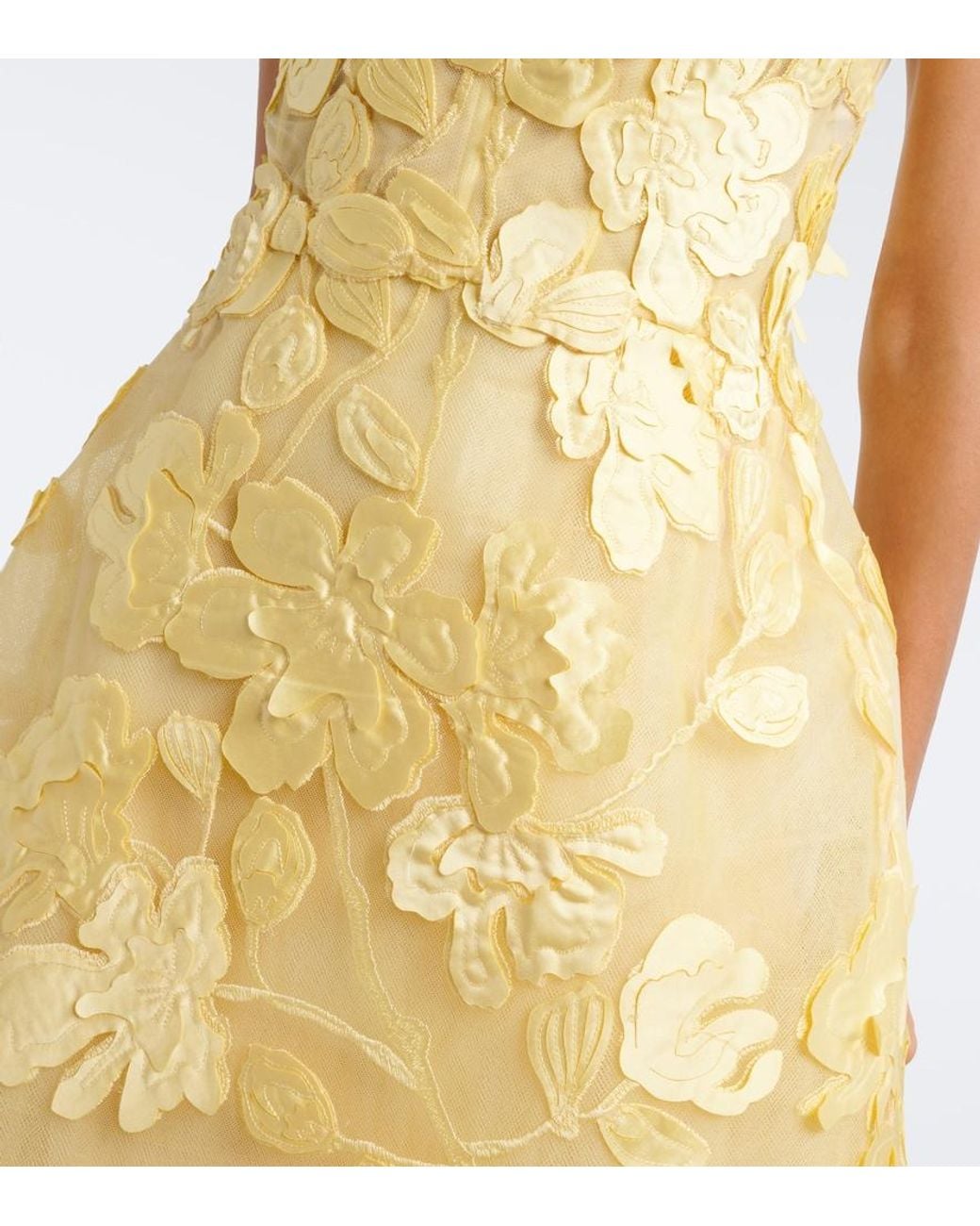 Monique Lhuillier Yellow Floral Tulle Midi Dress