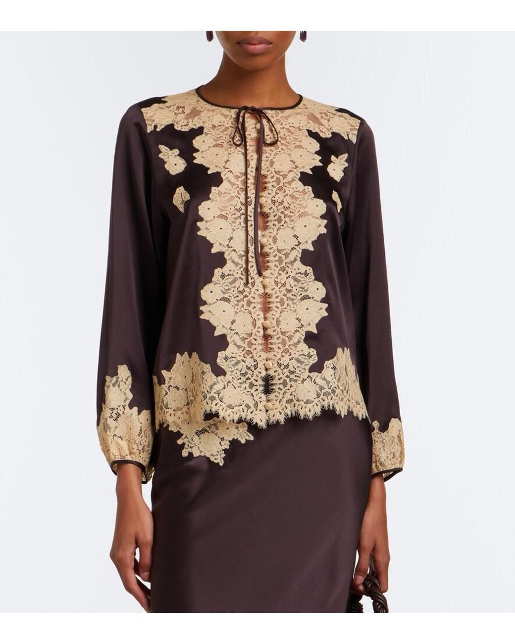 Doen Black Lucine Lace-Trimmed Silk Satin Blouse