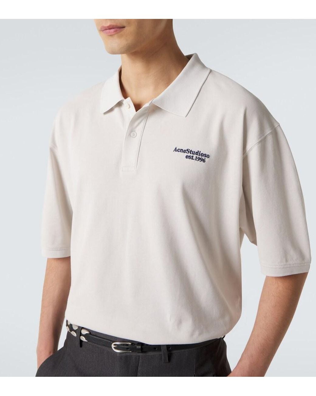 Acne White Distressed Logo Cotton Polo Shirt for men