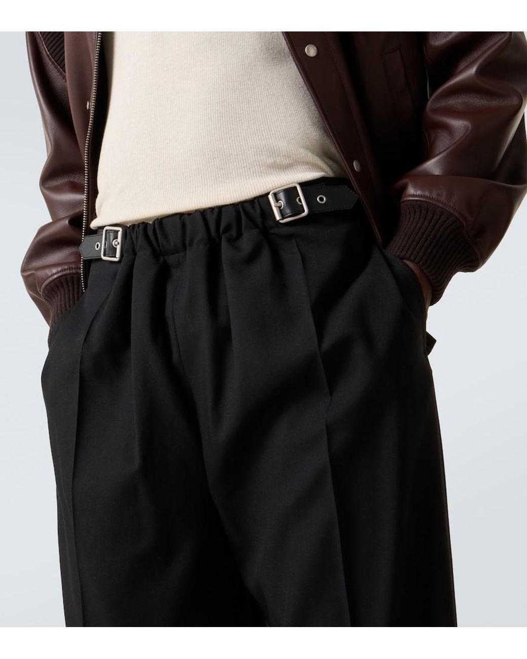 Loewe Black Belted Wool Straight Pants for men