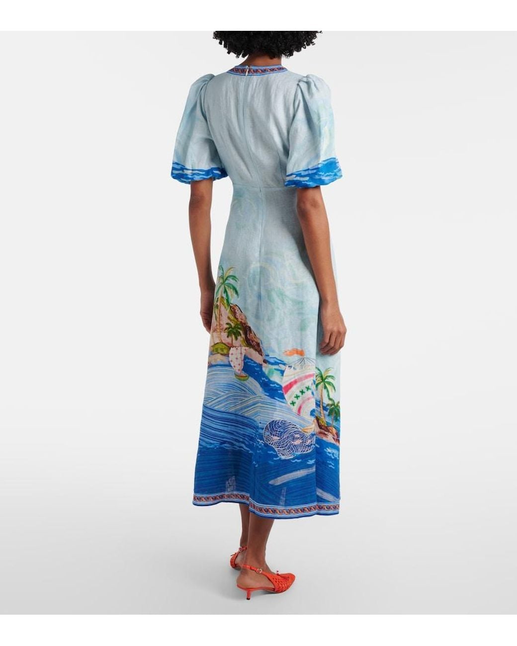 ALÉMAIS Blue Printed Linen Midi Dress