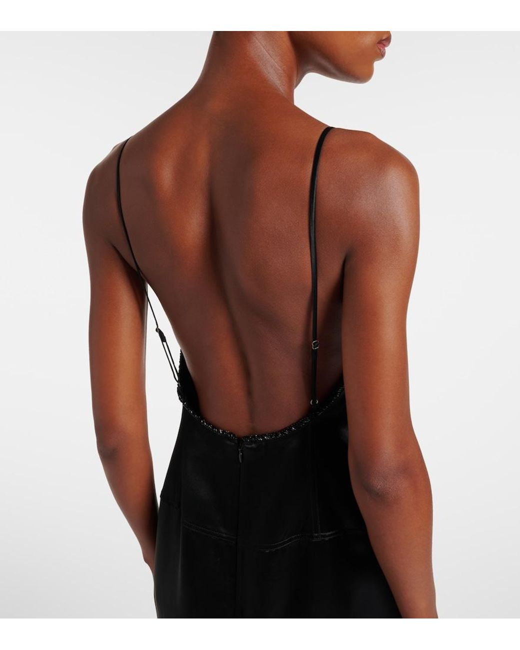 JACQUES WEI Black Shearling-Trimmed Satin Slip Dress