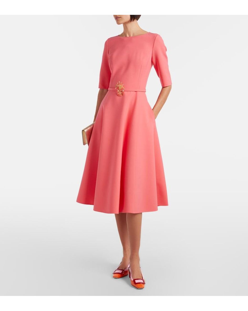 Oscar de la Renta Pink Belted Wool-Blend Midi Dress