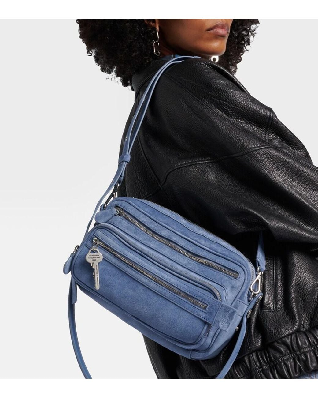 Acne Blue Schultertasche Camero Party Aus Veloursleder