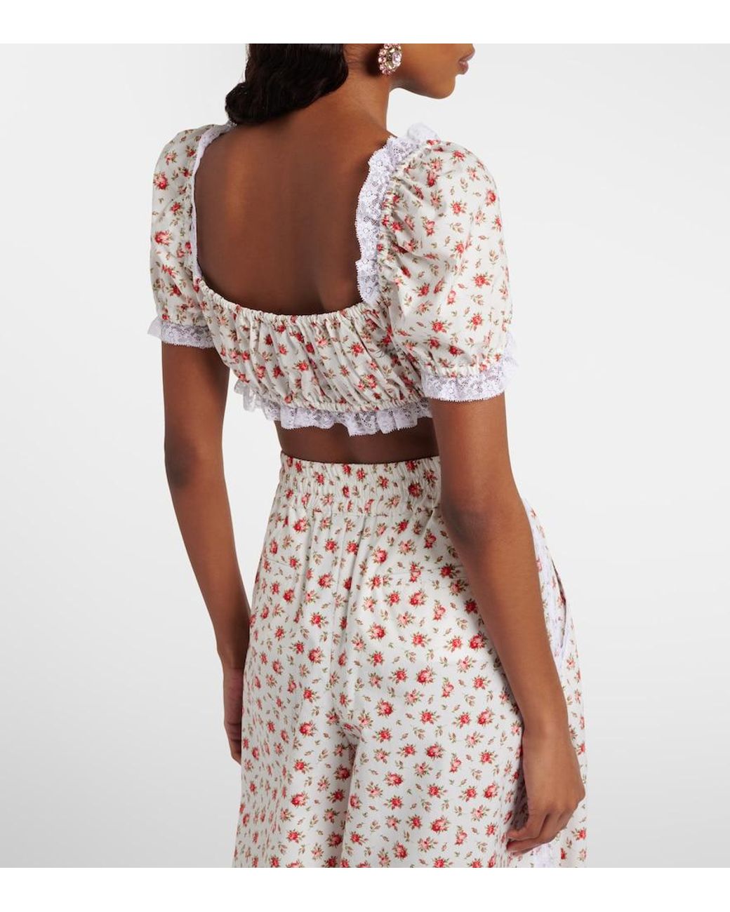 Dolce & Gabbana Pink Floral Lace-Trimmed Cotton Poplin Crop Top