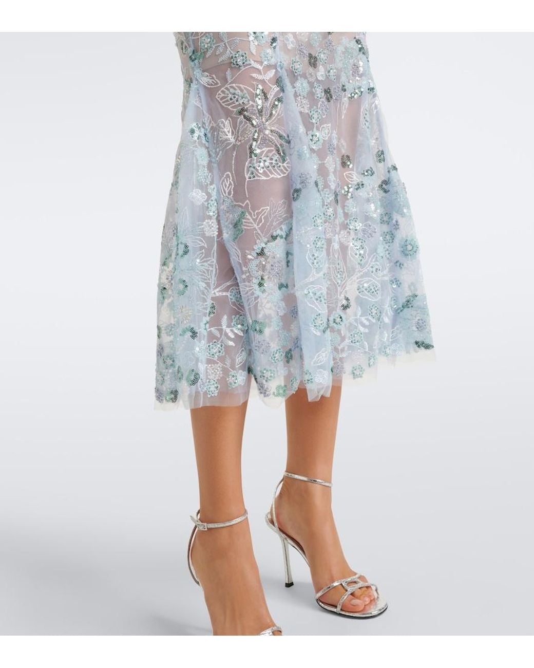 Self-Portrait Blue Floral Sequined Tulle Midi Dress