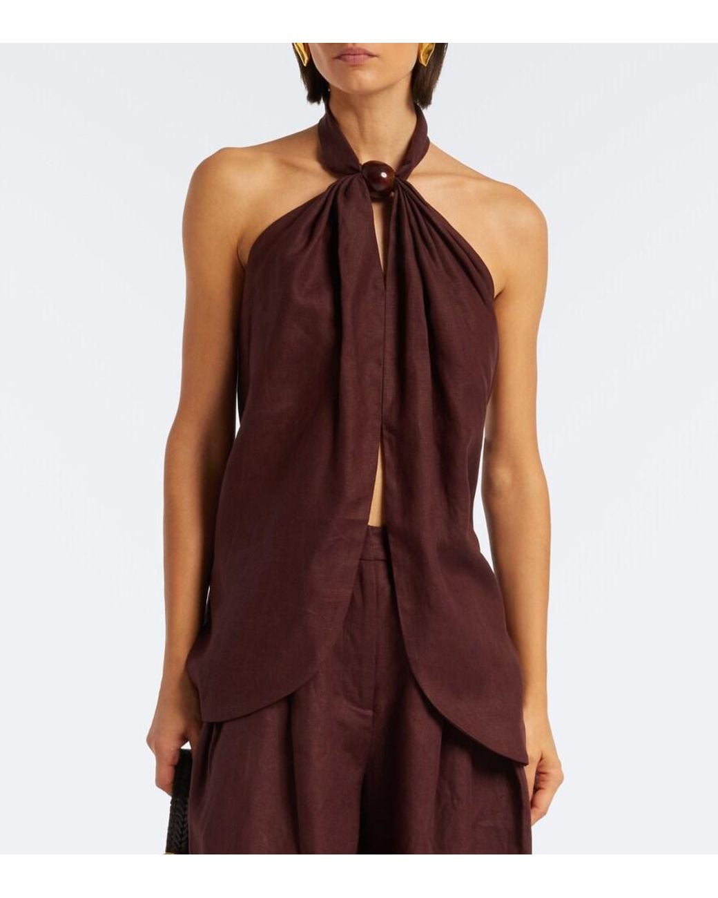 Faithfull The Brand Brown Biba Halterneck Open-Back Linen Top