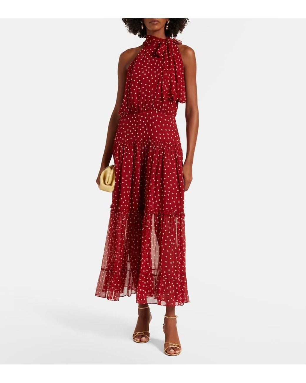 Rixo Red Abi Polka-Dot Chiffon Midi Dress