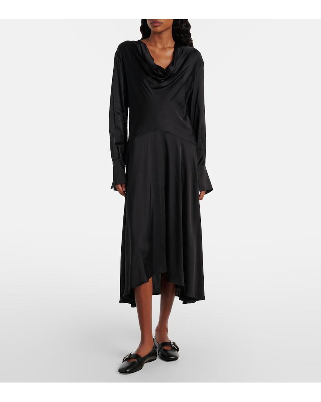 Ganni Asymmetric Midi Dress in Black | Lyst
