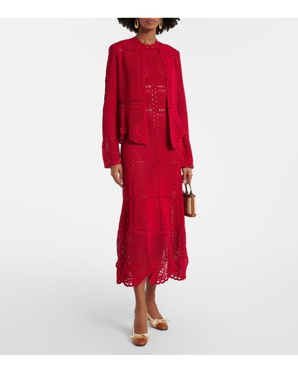 Erdem Red Cotton Crochet Midi Dress