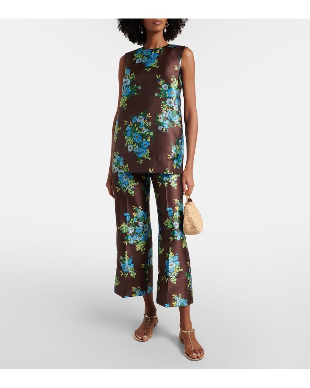 ALÉMAIS Green Floral Cropped Satin Flared Pants