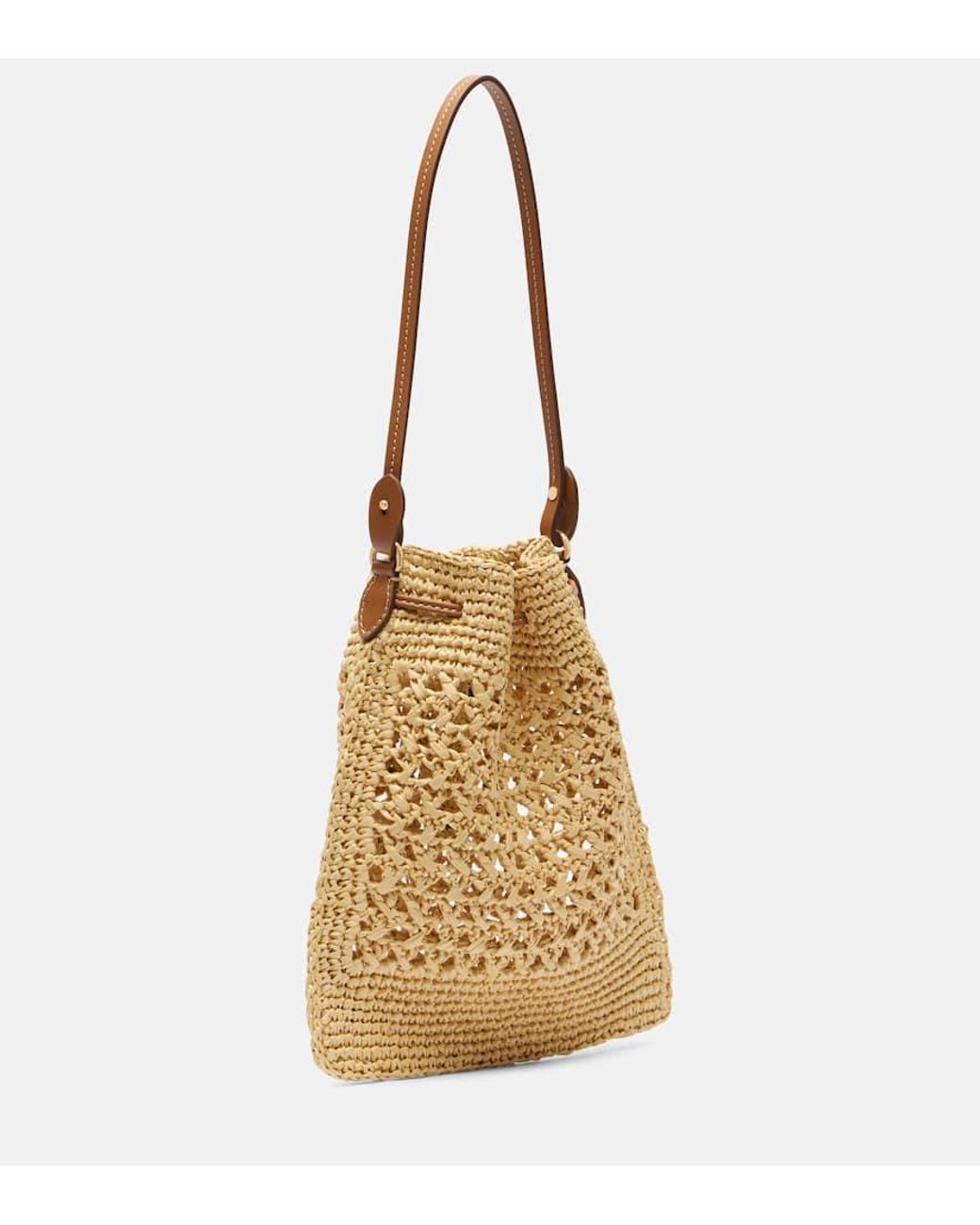 Miu Miu Logo Leather-Trimmed Raffia Bucket Bag in Metallic