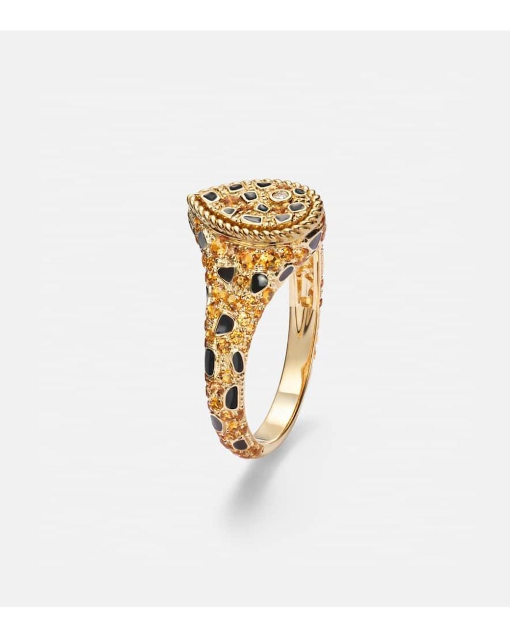 Yvonne Léon White Pinky Ring Poire Lynx Mini Aus 9Kt Gelbgold (375/1000) Mit Emaille, Diamanten Und Citrin