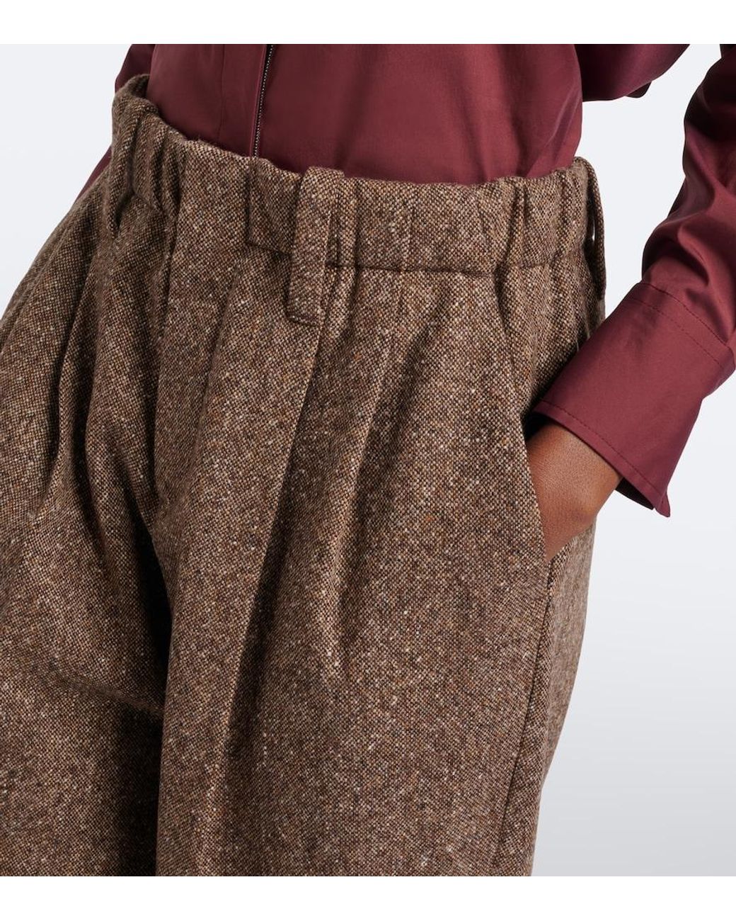 Brunello Cucinelli Brown Wool-Blend Cropped Wide-Leg Pants