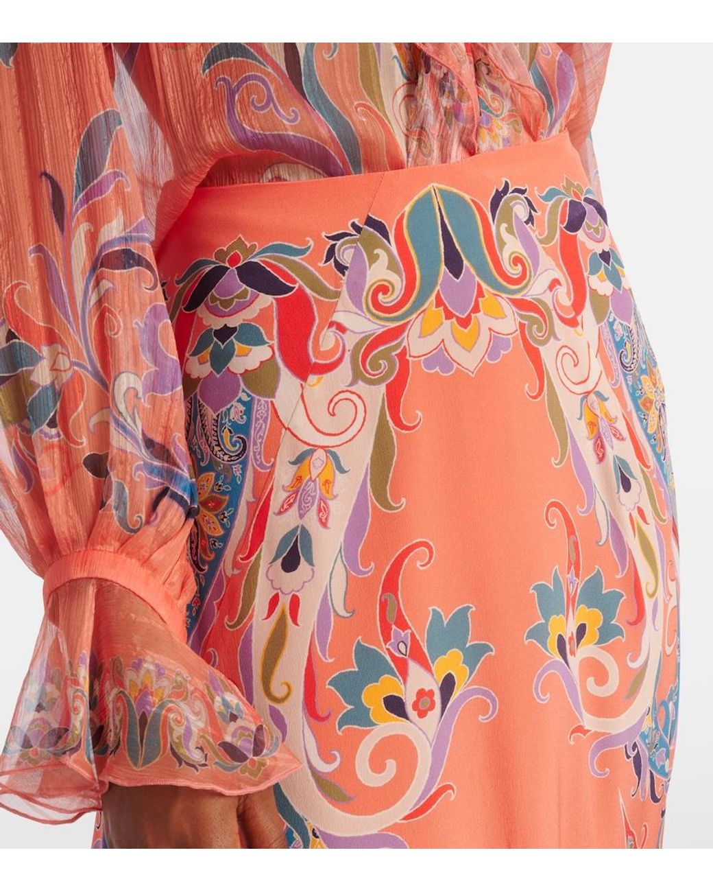 Etro Orange Paisley Silk Maxi Skirt