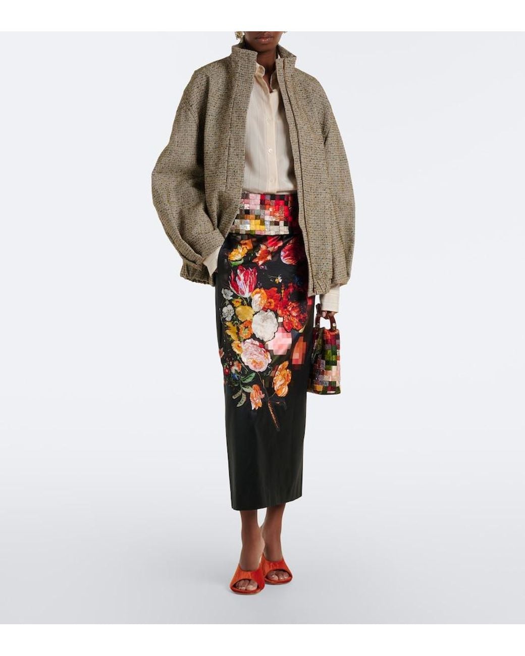Dries Van Noten Black Floral Cotton And Silk Midi Skirt