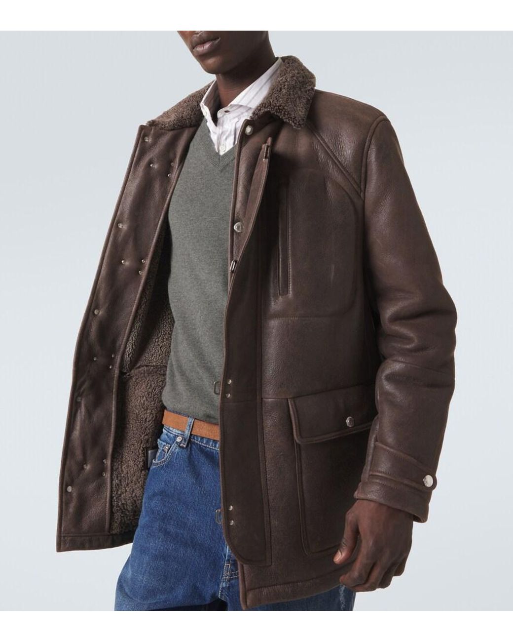 Brunello Cucinelli Brown Shearling-Lined Leather Jacket for men
