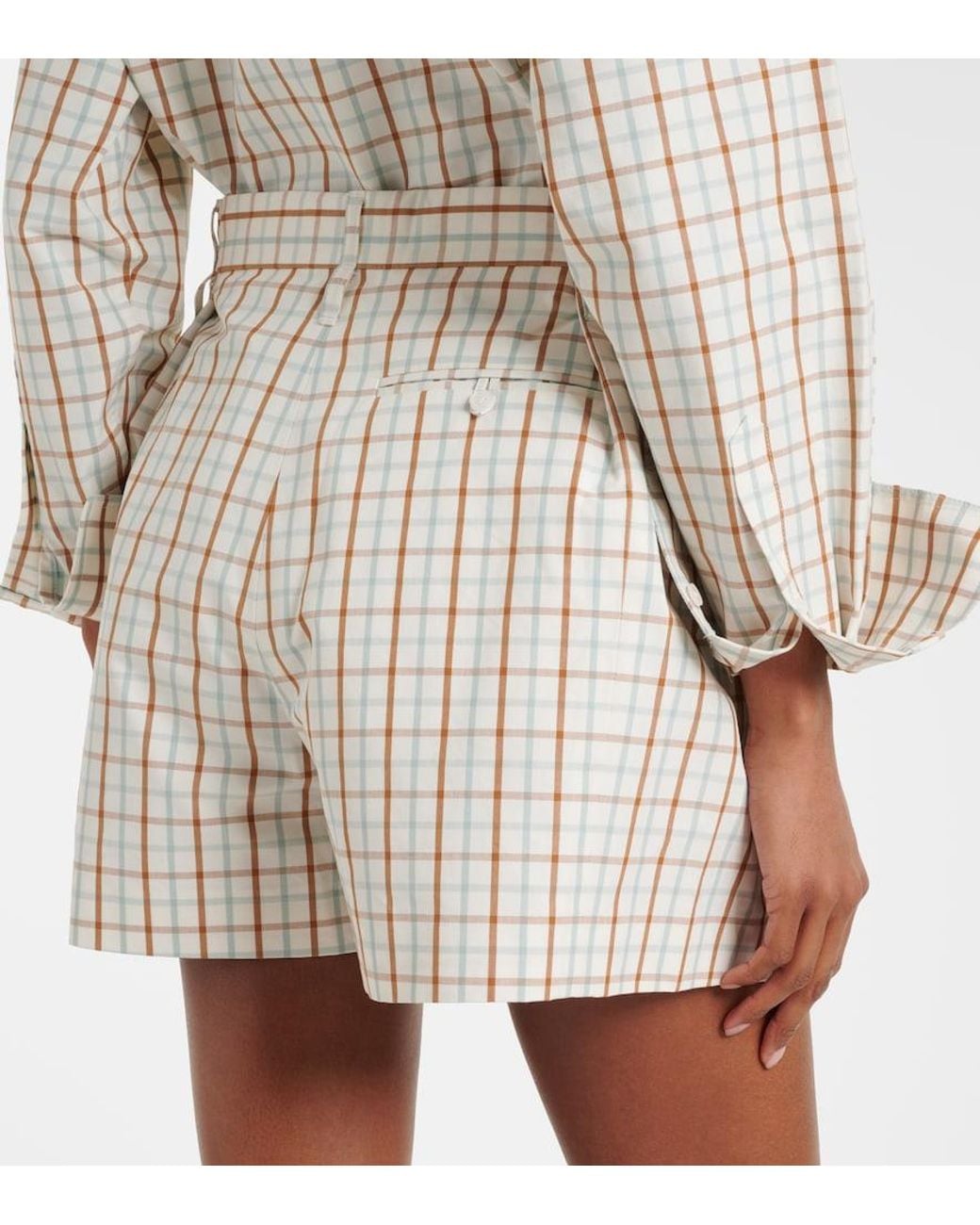 Victoria Beckham Natural Checked Pleated Cotton Shorts