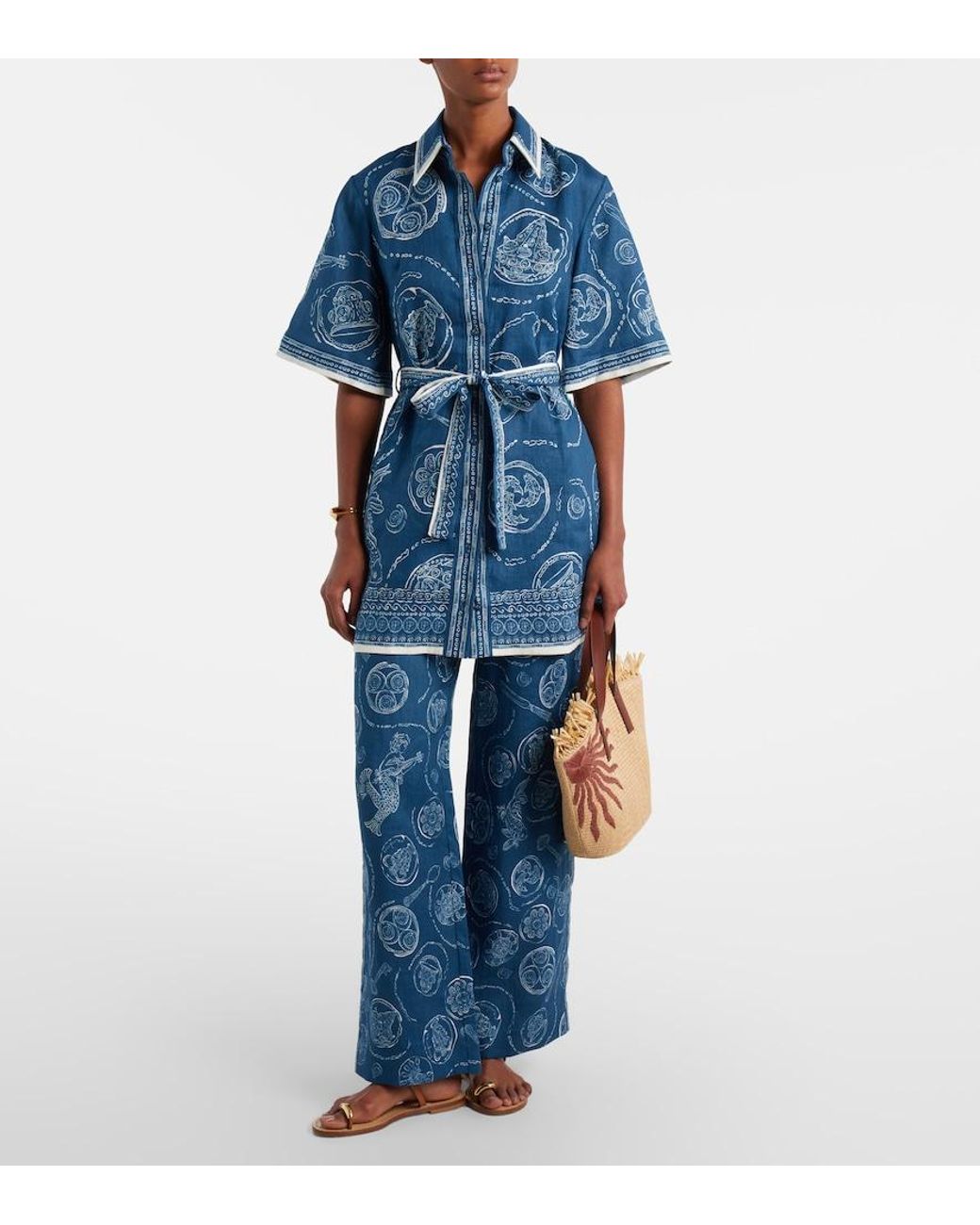 ALÉMAIS Blue Lucky Printed Linen Wide-Leg Pants