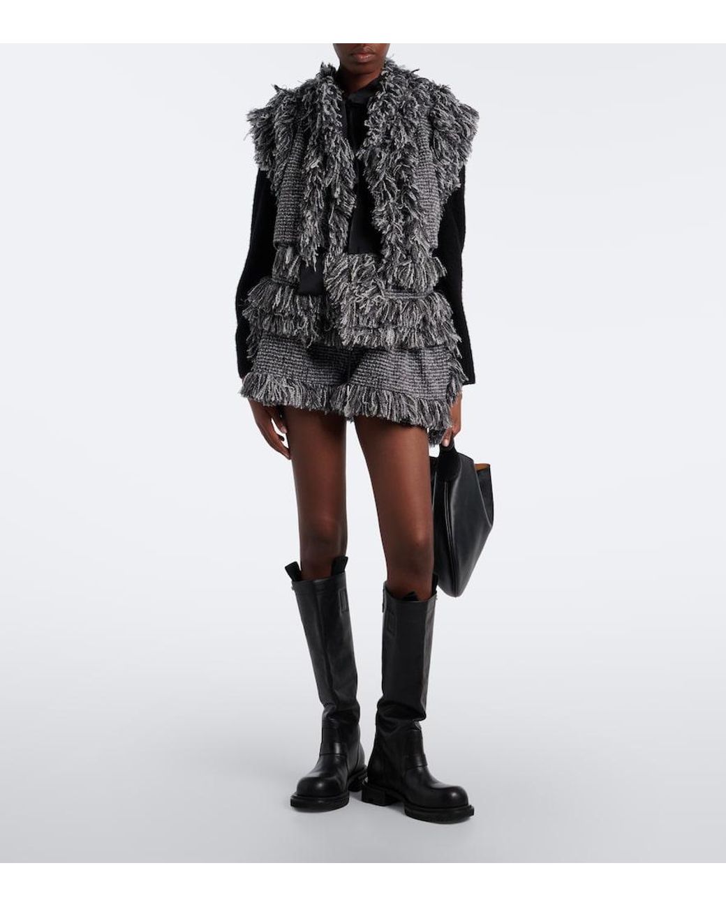Sacai Gray Fringed Wool-Blend Tweed Shorts