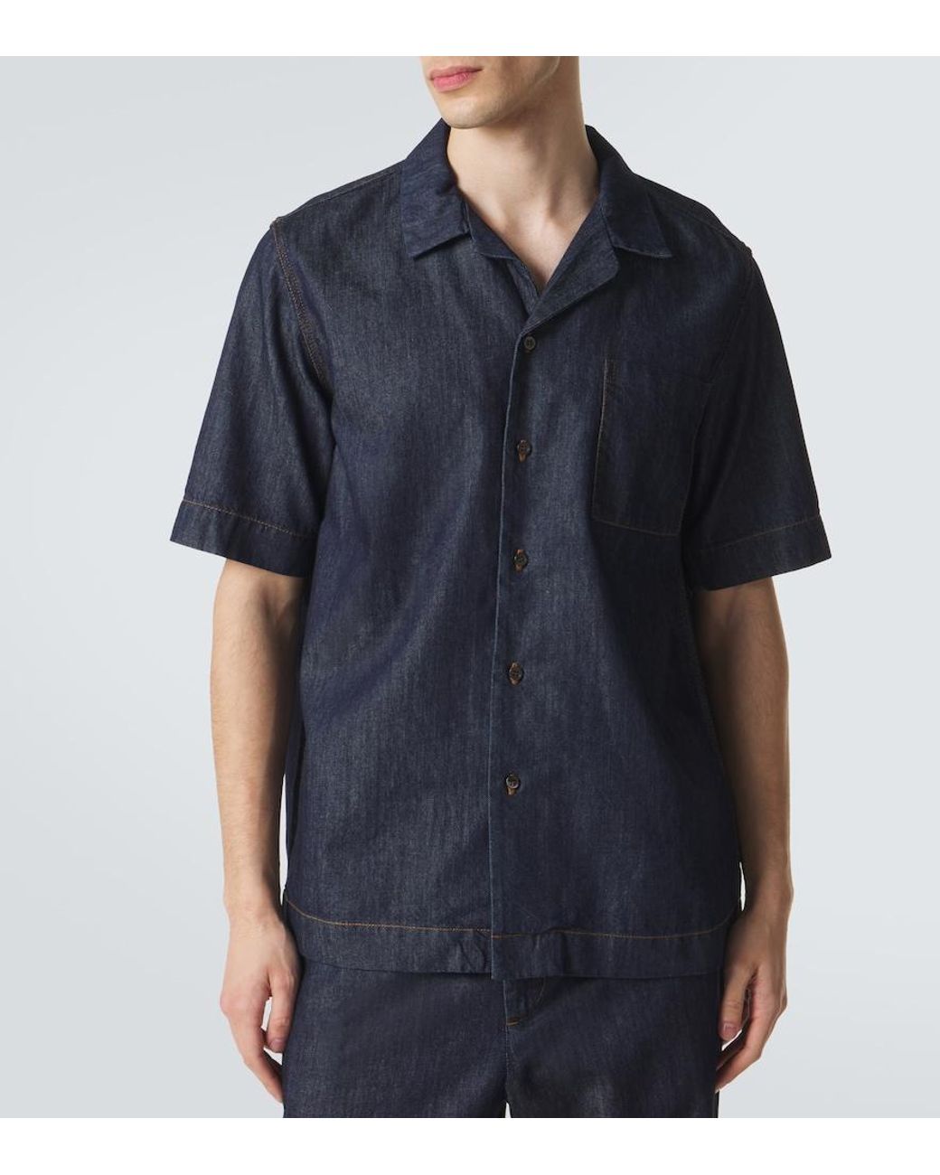 Dries Van Noten Blue Cotton Denim Bowling Shirt for men