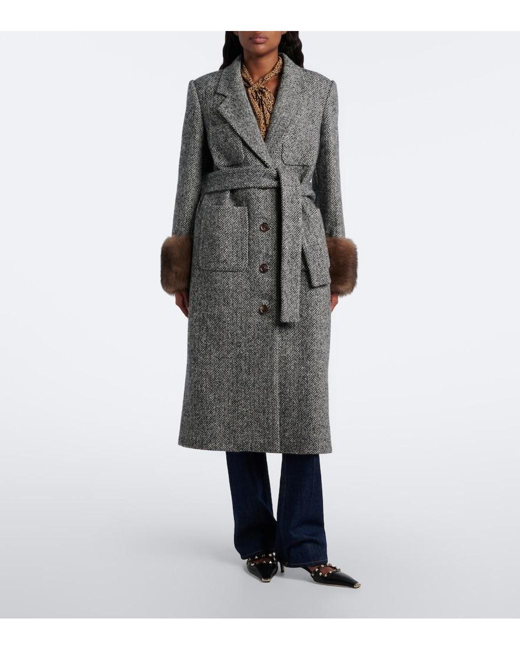 Valentino Garavani Gray Herringbone Shearling-Trimmed Wool-Blend Coat