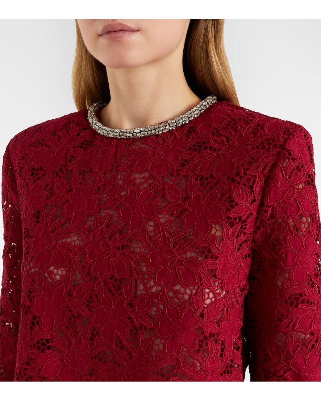 Self-Portrait Red Embellished Guipure Lace Top