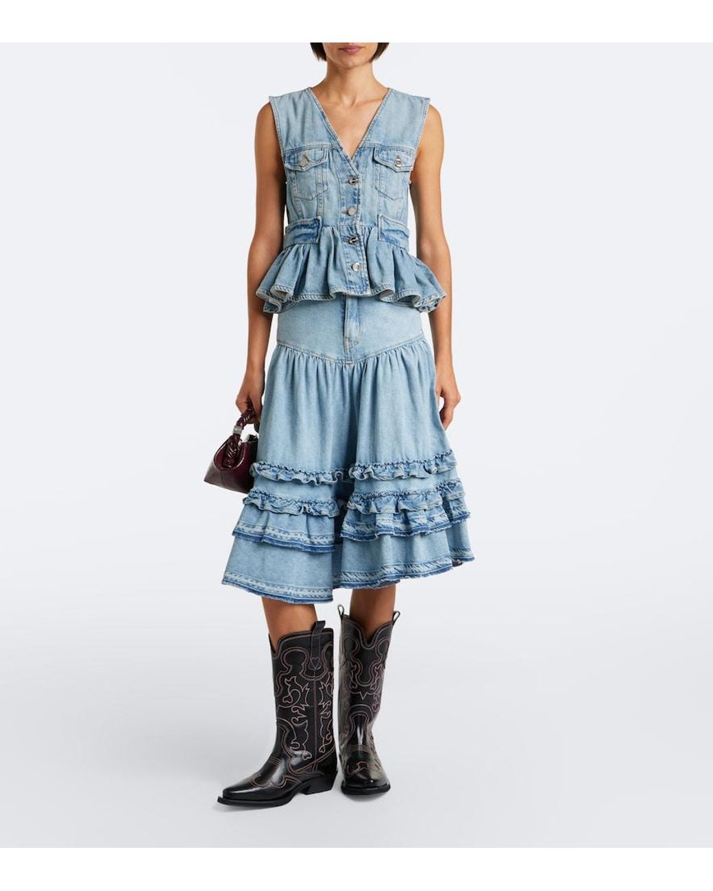 Ganni Blue Ruffled Denim Midi Skirt
