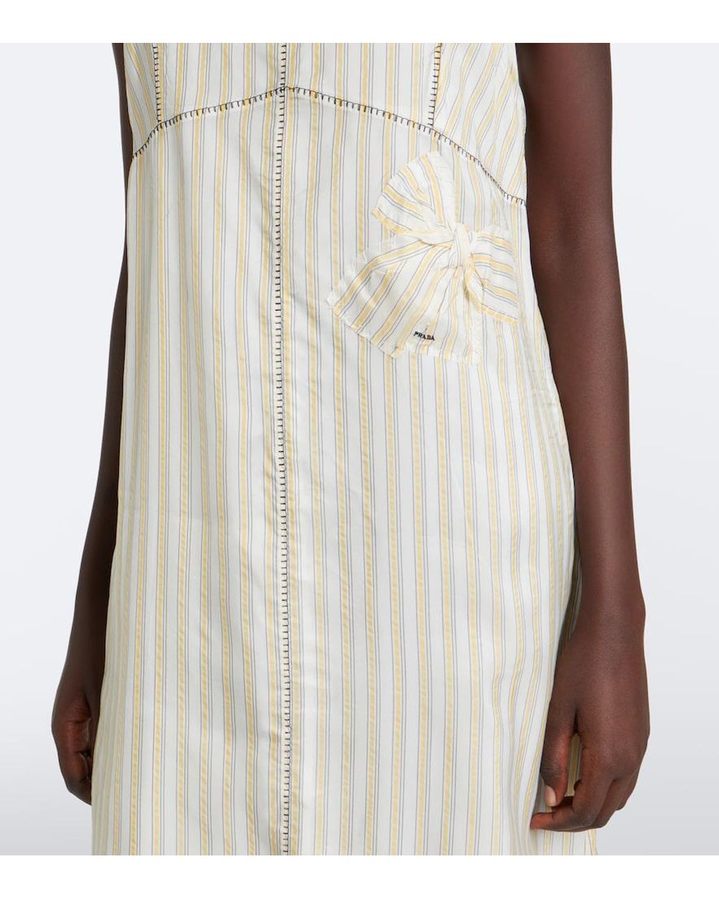 Prada Natural Bow-Detail Striped Midi Dress