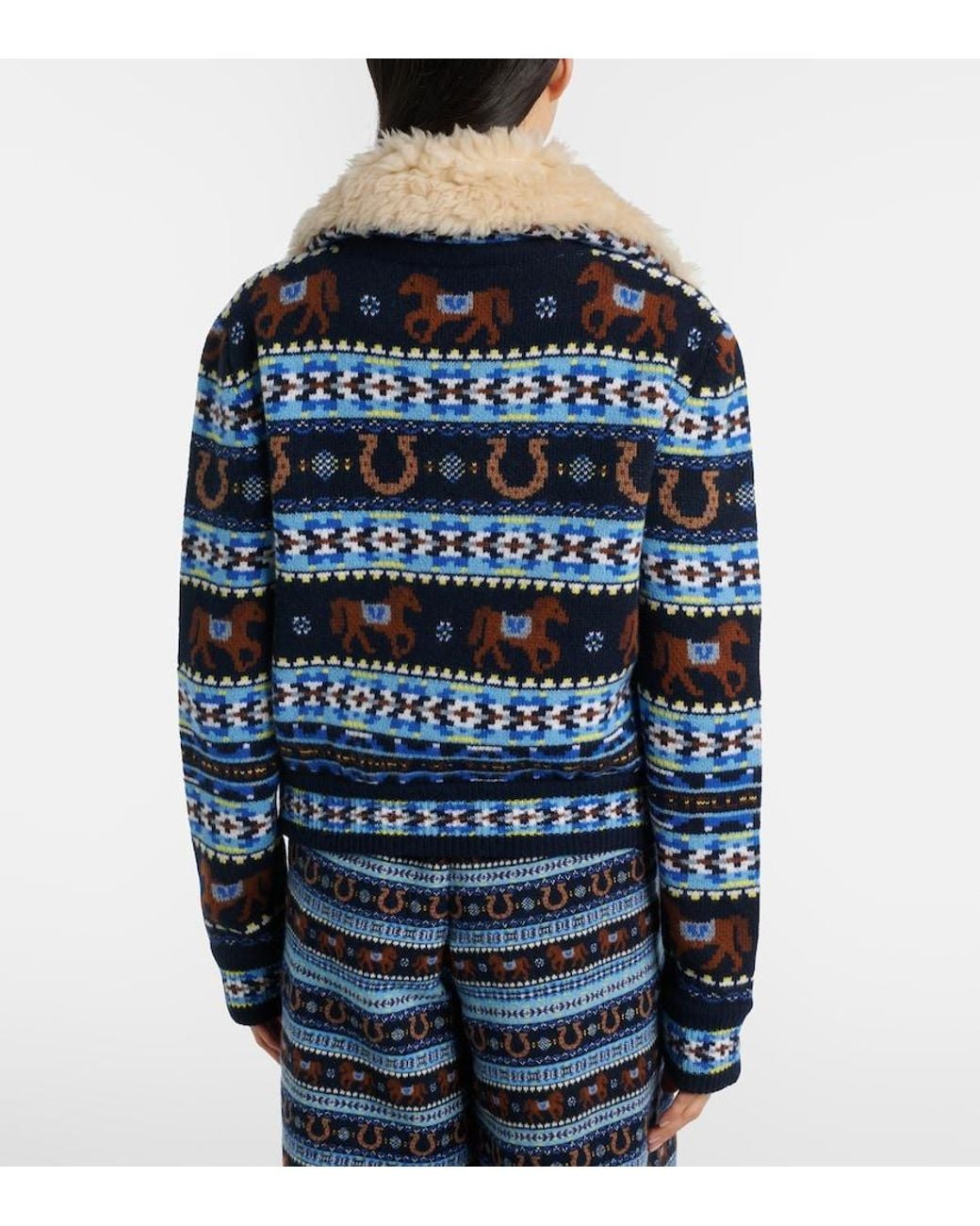 Stella McCartney Blue Intarsia Virgin Wool Zip-Up Cardigan